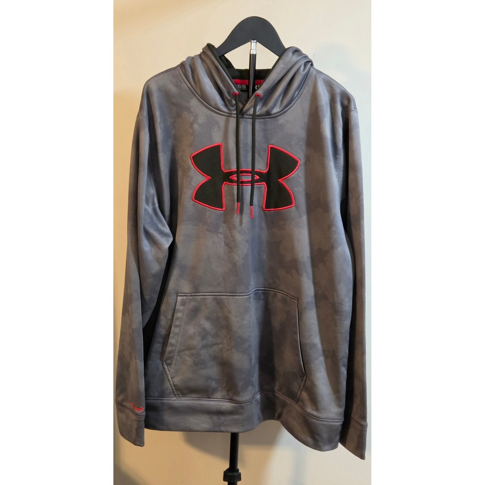 Under Armour Loose Fit Pullover Hoodie Mens Size XL Gray Red Black